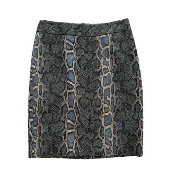 LOFT Pencil Skirt Blue Green Tan Snake Skin Print Knee Length Skirt Size 0 NEW - Picture 1 of 9